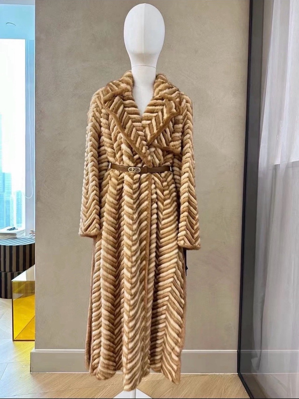 Fendi Fur  Chevron-Pattern Long Fur Coat in Caramel